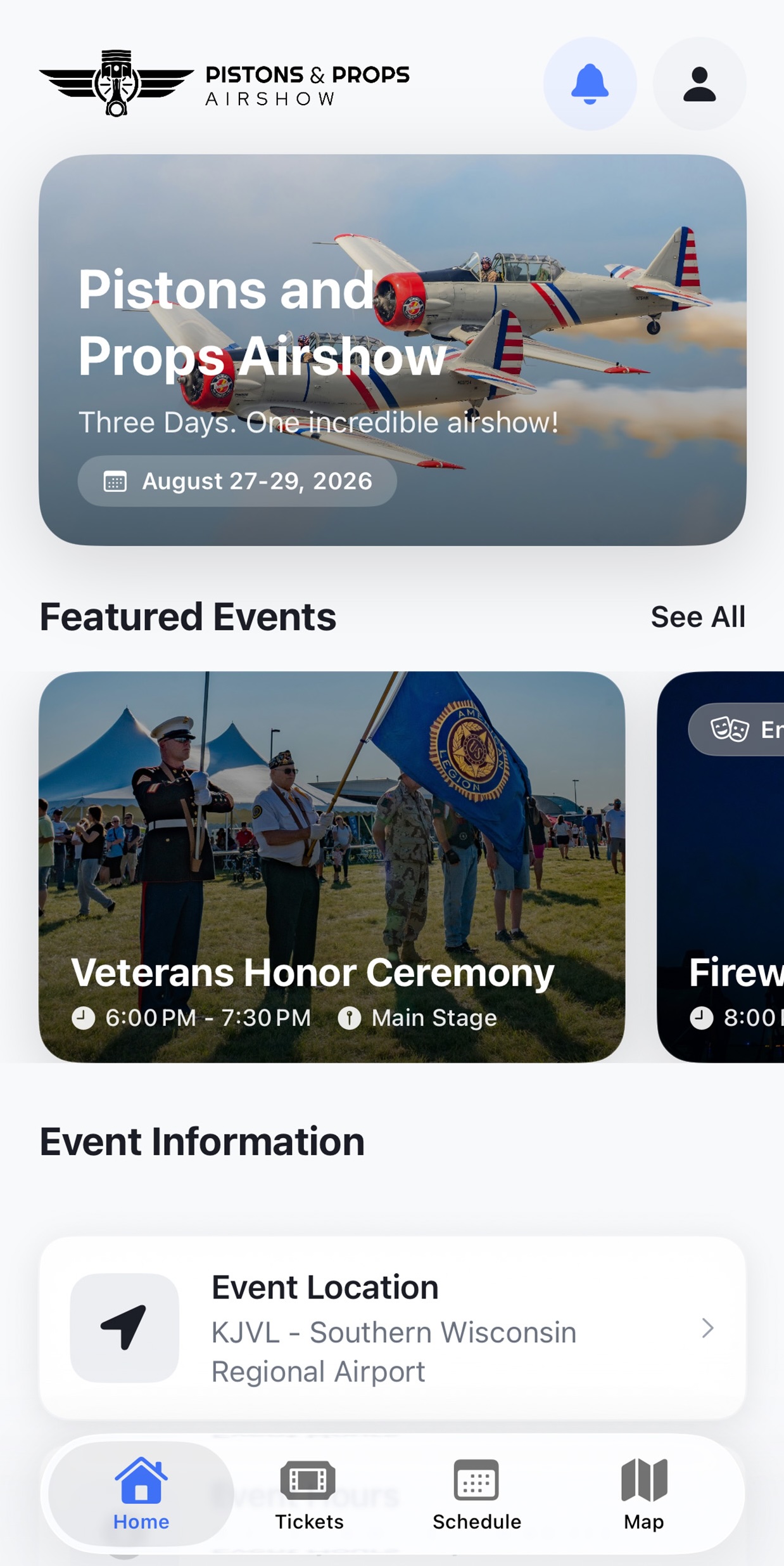 The Pistons and Props iPhone app home screen showing the event overview, featured events, location information, and navigation